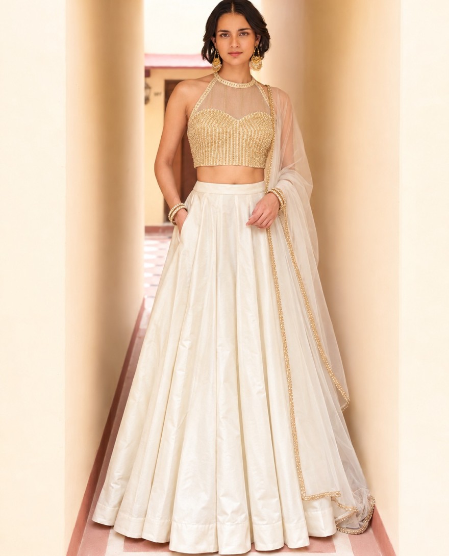 9028 - Silk Designer Lehenga Choli in Off White